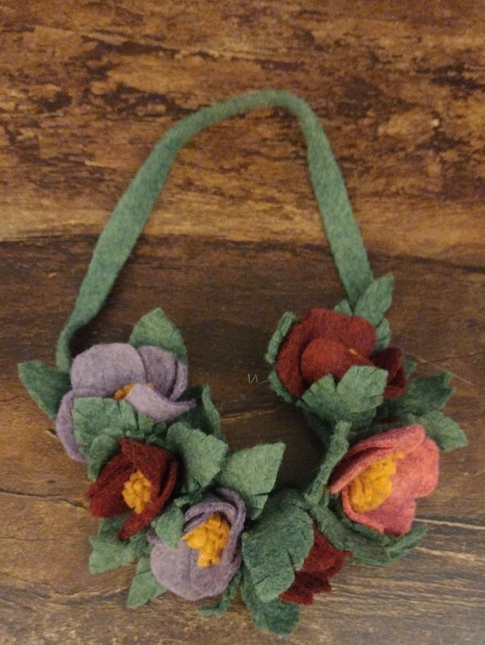 Handcrafted Green Felt Floral Necklace with Purple, Red and Pink Flowers